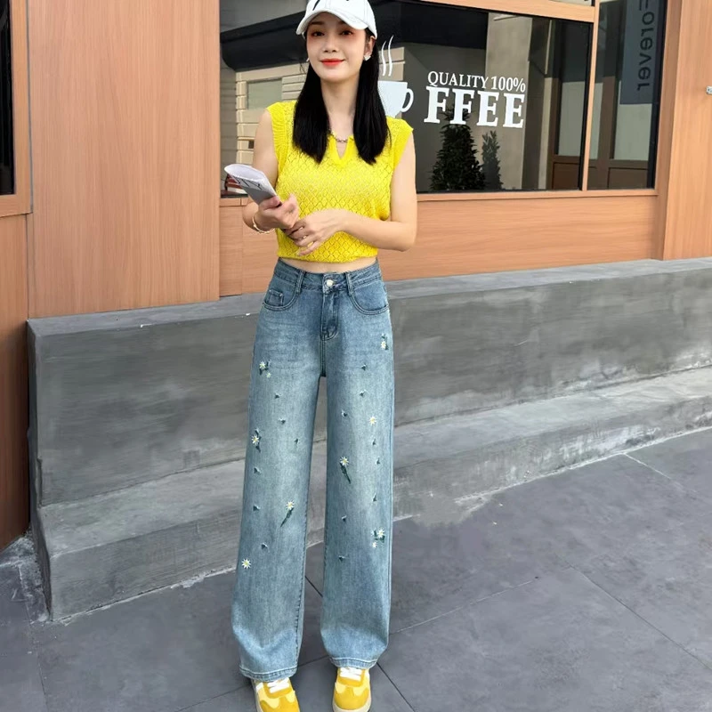 【欧洲站】重工刺绣烫钻新中式穿搭牛仔裤女2025春新款直筒阔腿裤