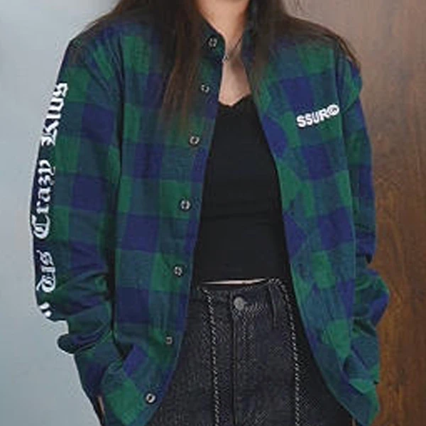 秋季休闲薄款时尚长袖绿色格子衬衫衬衣翻领男女同款L001