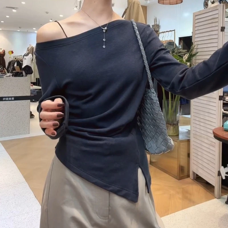 2025时尚气质随性松弛感韩系小漏肩斜肩收腰上衣T恤LK2505739