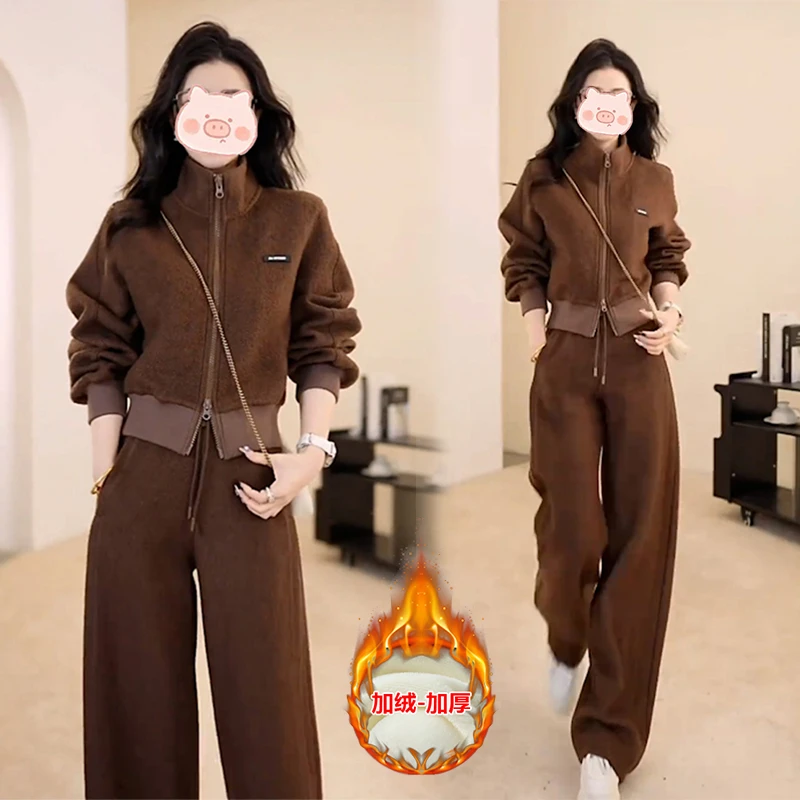 2025超火冬装一整套韩系高级感加绒卫衣阔腿裤运动休闲两件套女