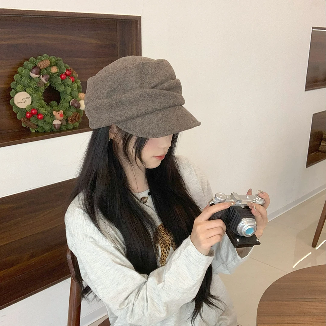 露思同款报童帽日系棉麻褶皱鸭舌帽子女2025新款帽复古慵懒堆堆帽