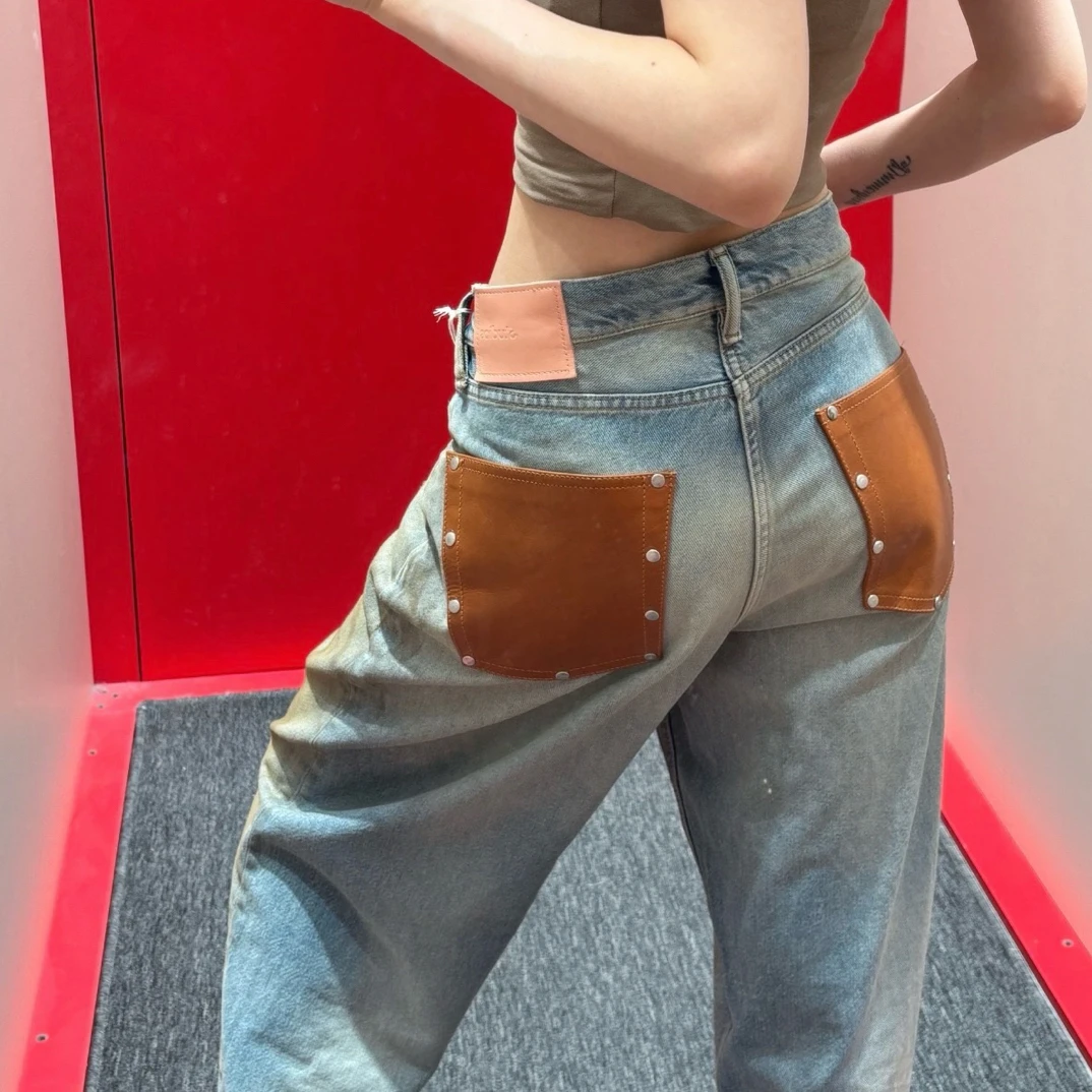 AC 25ss复古泼墨做旧铆钉皮口袋阔腿牛仔裤男女同款