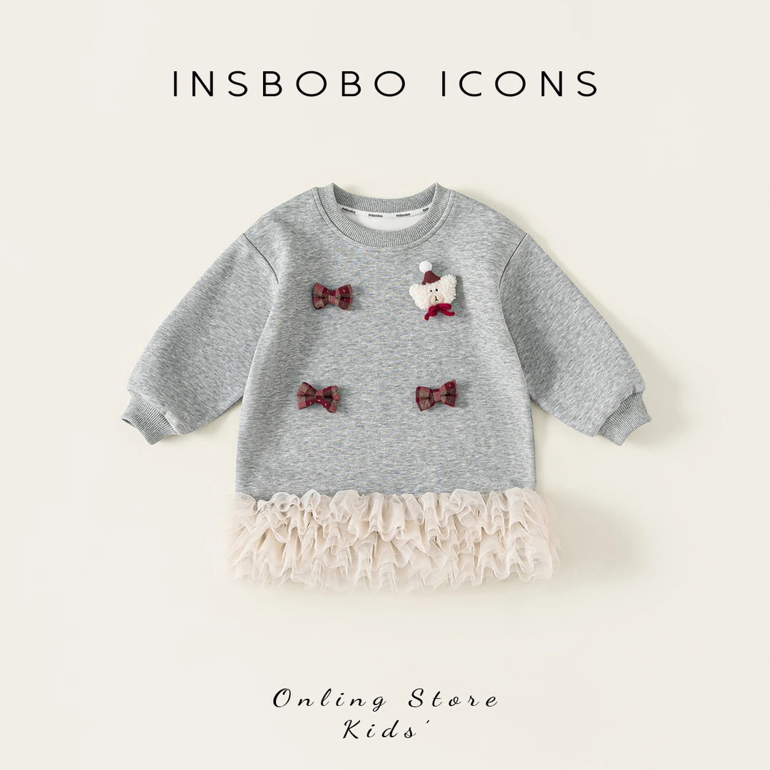 INSbobo女童卫衣裙子立体公仔蝴蝶结圆领卫衣带花边连衣裙QQ25046