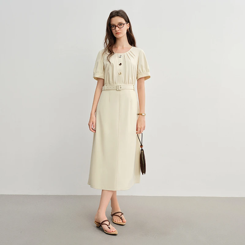 独束大码女装设计感通勤连衣裙胖mm收腰显瘦圆领长裙25DS82944