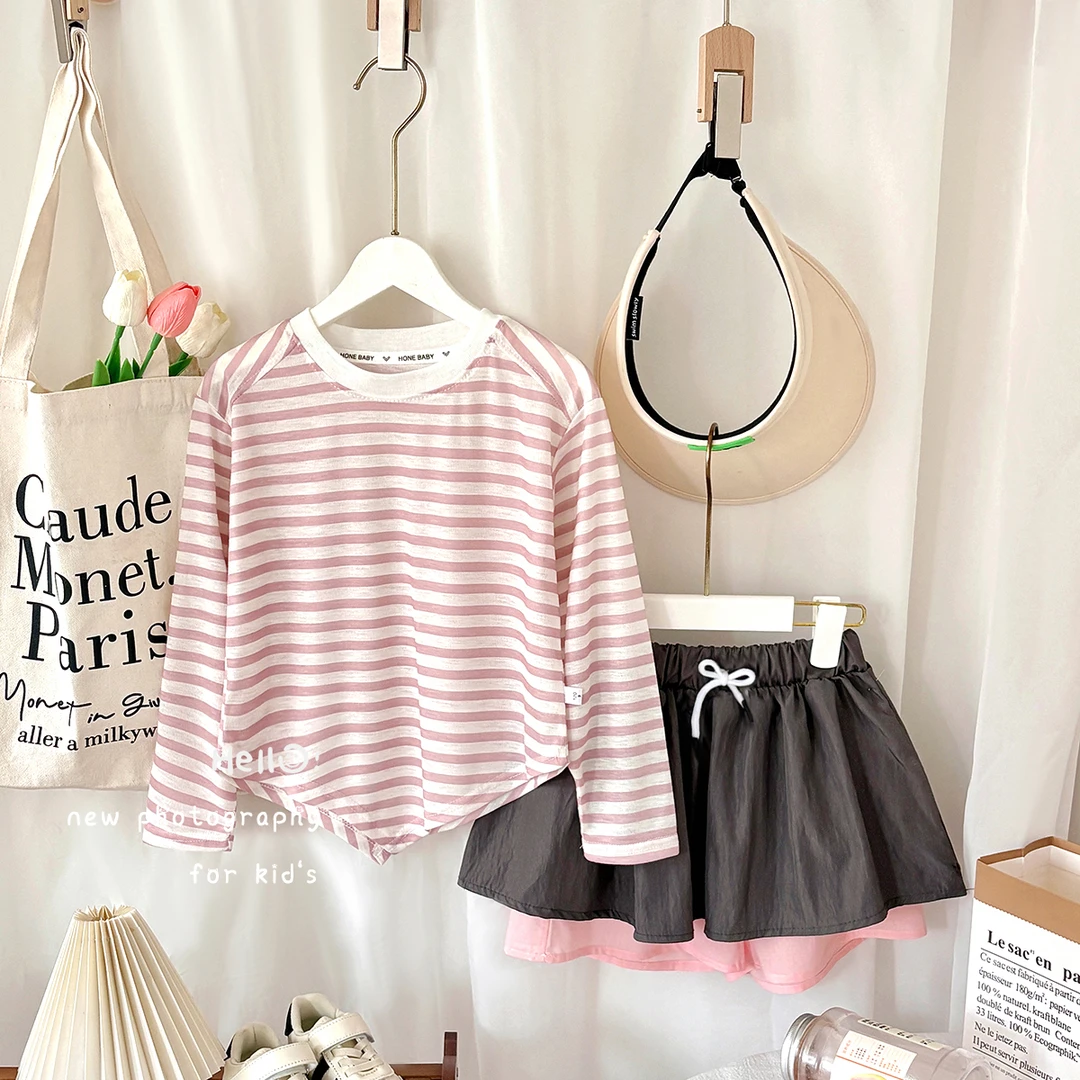 莱赛尔天丝女童条纹防晒长袖女宝裙裤套装