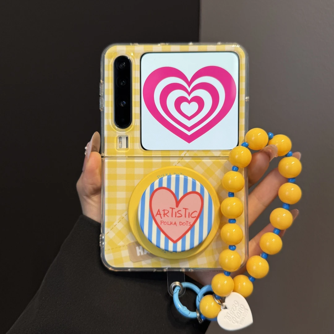 适用华为purax折叠屏手机壳黄色格纹pocket2条纹爱心磁吸支架链条