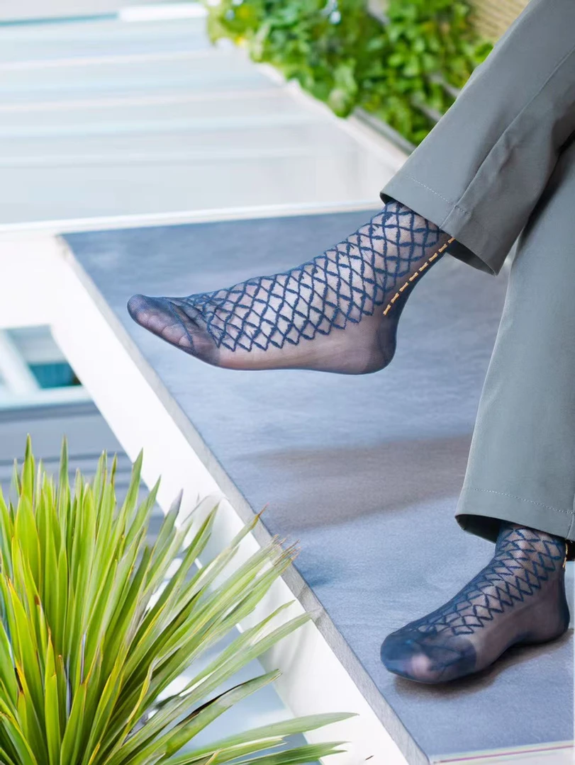 提花大网状单丝单底复古商务男士锦纶丝袜夏季薄款男士丝袜松口袜