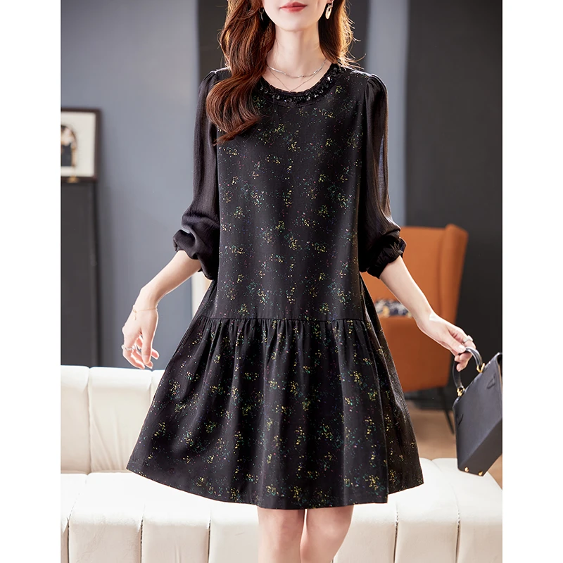 圆领时尚拼接印花连衣裙2025秋季宽松减龄显瘦时尚A字裙潮宽松