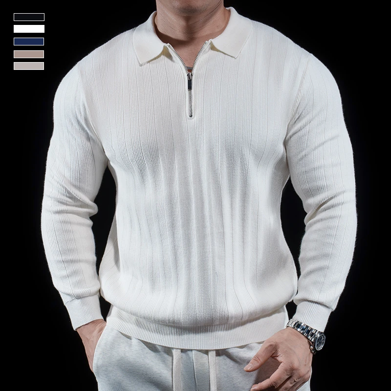 霸道肌肉男士百搭翻领半拉链针织衫秋冬新款长袖纯色毛衣polo上衣