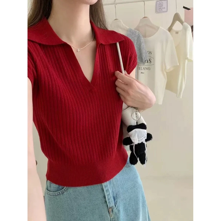 韩版别致气质正肩针织T恤女小个子坑条POLO领高腰显瘦毛衣小衫春
