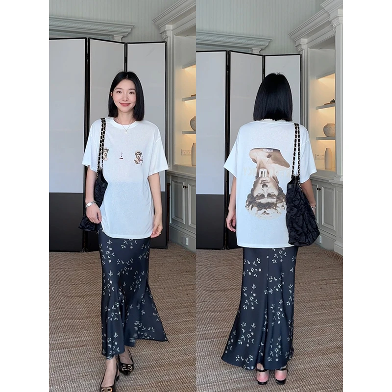 郭九九呢 天丝棉宽松圆领印花短袖T恤花色斜裁半身裙 G925A07801