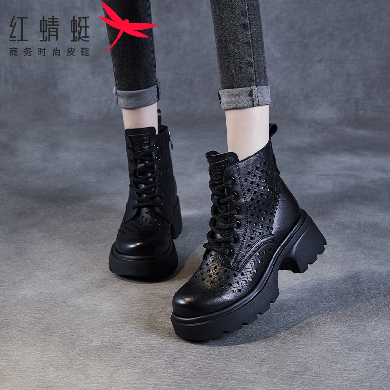红蜻蜓马丁靴2025年夏季新款头层牛皮镂空洞洞透气复古女士凉靴