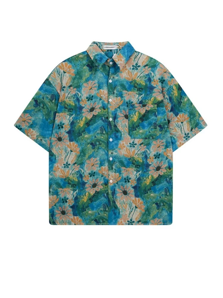复古油画雏菊花衬衫vintage短袖夏季宽松ins港风度假衬衣夏威夷