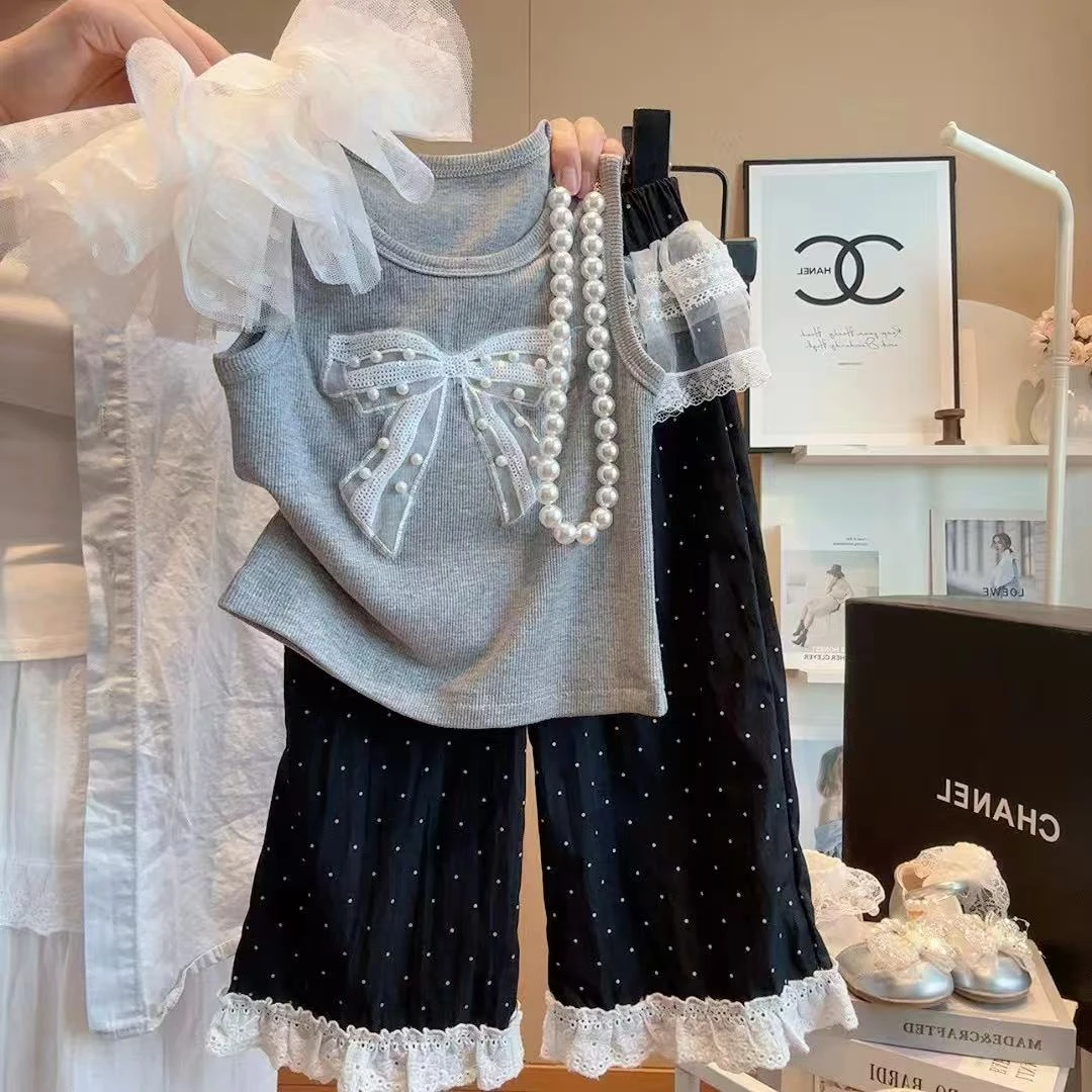 女童夏季新款套装蝴蝶结花边裤子女宝宝洋气背心宽松花边裤两件套