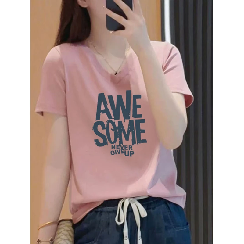 2025年夏季新款短袖t恤女正肩百搭宽松休闲大码V领体恤上衣潮ins