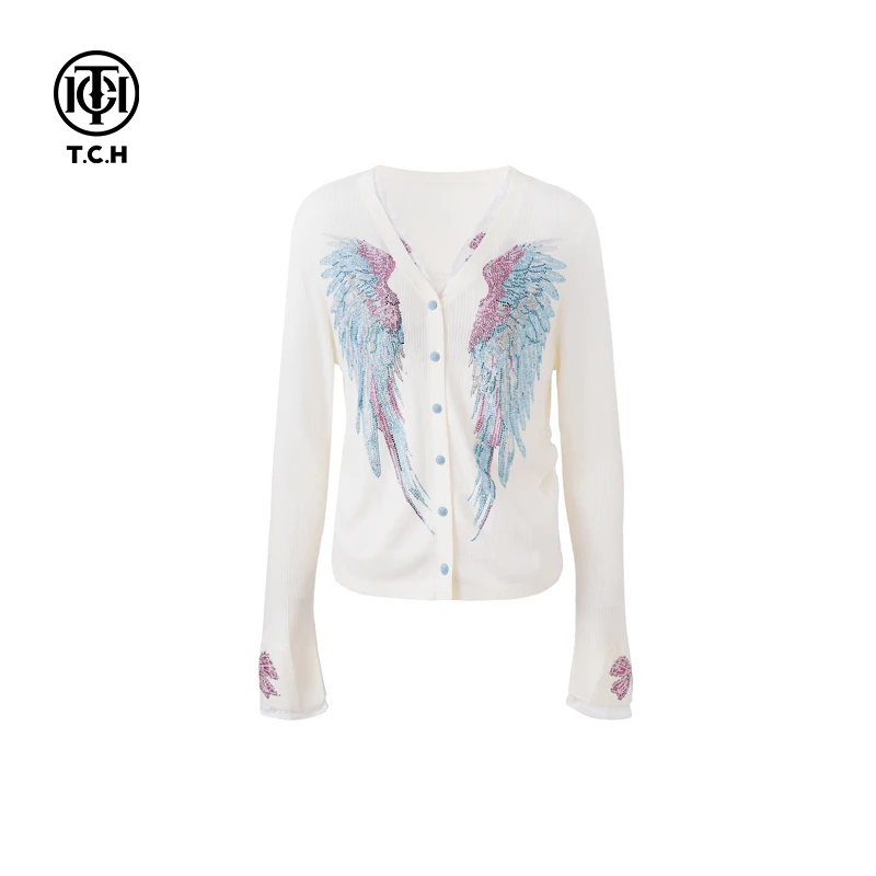 TCH私服烫钻工艺时尚休闲气质开衫毛针织衫女T75A43E5047轻奢tch