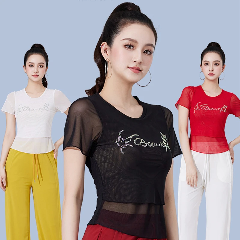 2025红色广场舞上衣单件女士双层网纱修身显瘦洋气跳舞表演服