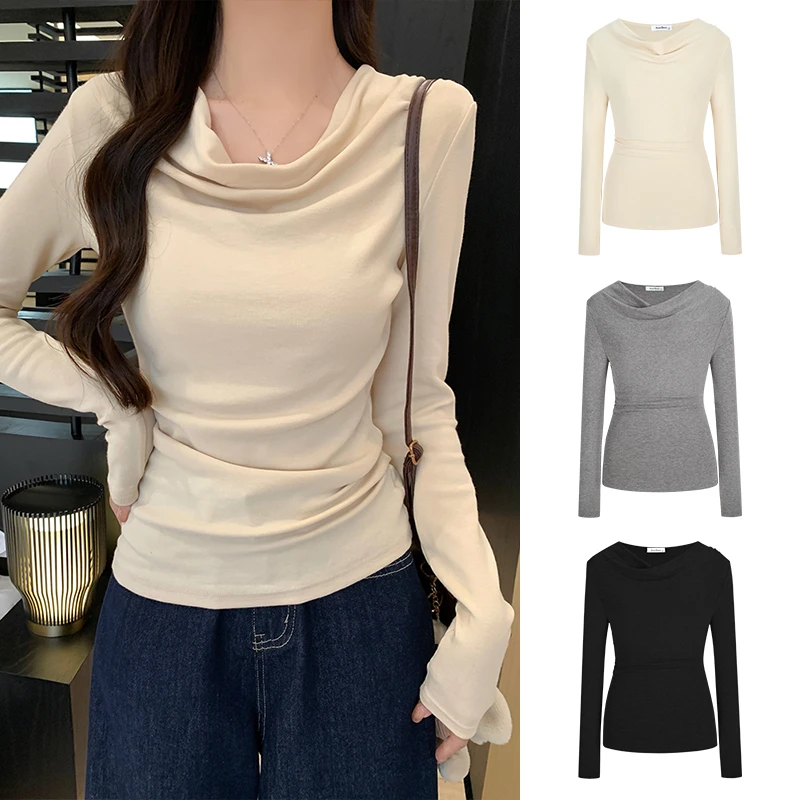 Moses Queen/魔西女王灰色长袖荡荡领打底衫修身显瘦T恤别致上衣