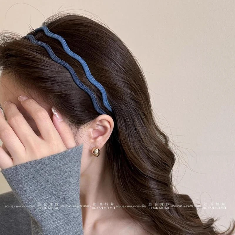 韩式极细牛仔布波浪发箍简约气质百搭压发夹新款感洋派2025款
