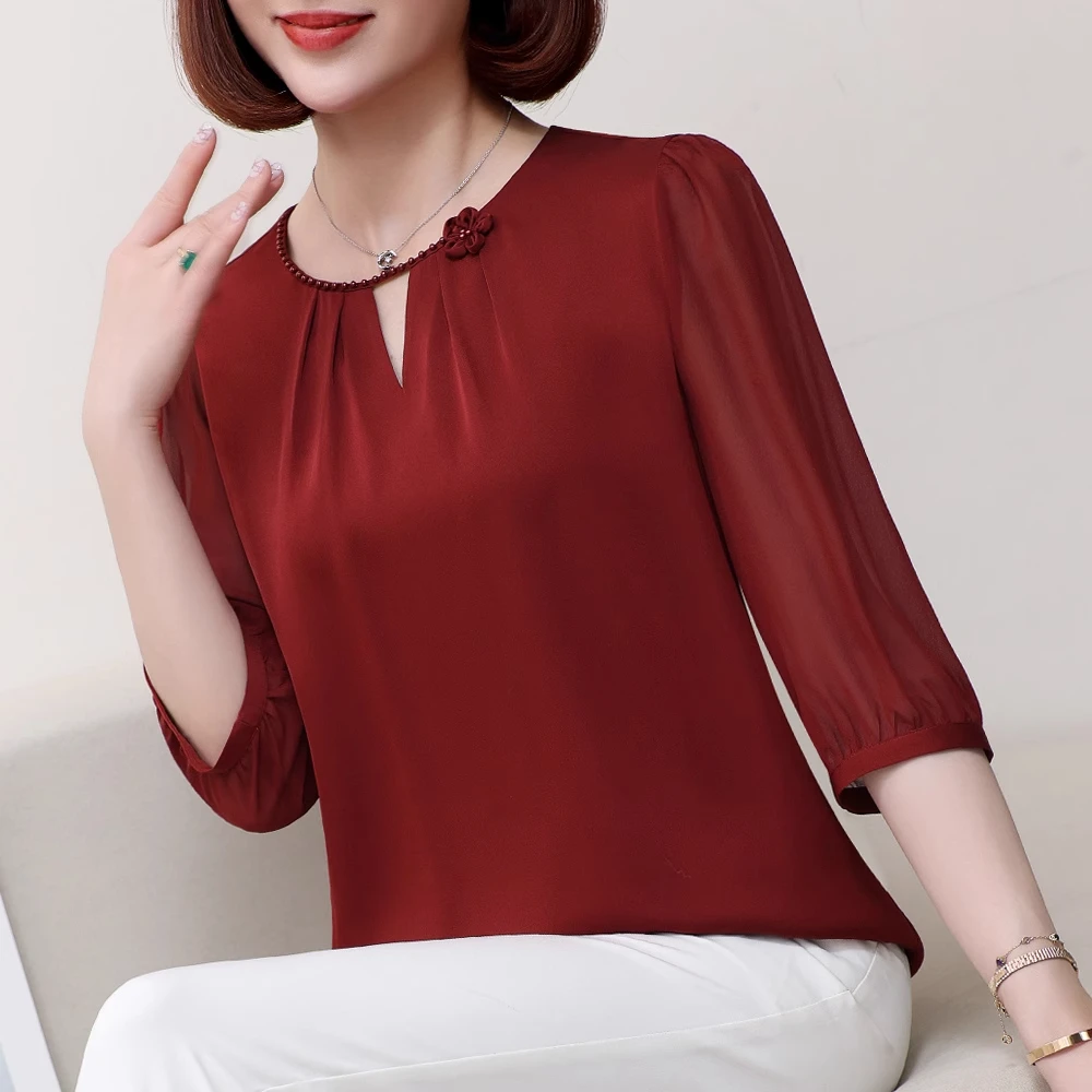 中年妈妈纯色真丝上衣女2025夏季新款时尚百搭衬衣中袖桑蚕丝小衫