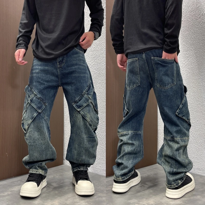 美式潮流水洗做旧弯刀牛仔裤宽松直筒复古痞帅休闲百搭工装阔腿裤