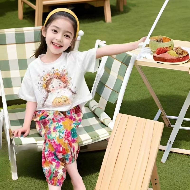 夏款2025女童时尚洋气套装夏季卡通休闲防蚊裤小女孩时髦短袖T恤