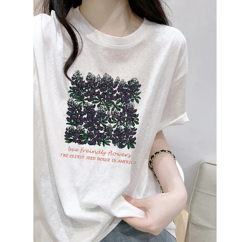 韩系圆领印花T恤女夏季新款宽松休闲减龄洋气白色雪花棉短袖上衣