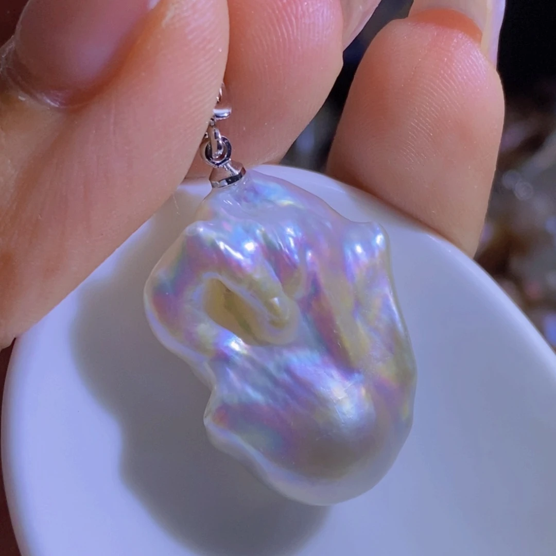 银S925镶嵌淡水珍珠天然珍珠无染色，无优化