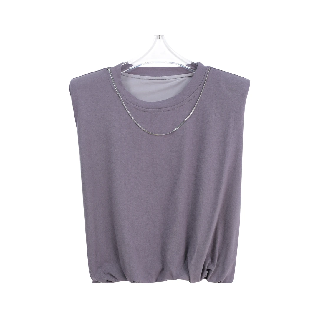 宽松时尚无袖法式短款上衣休闲打底衫T恤百搭圆领A61048