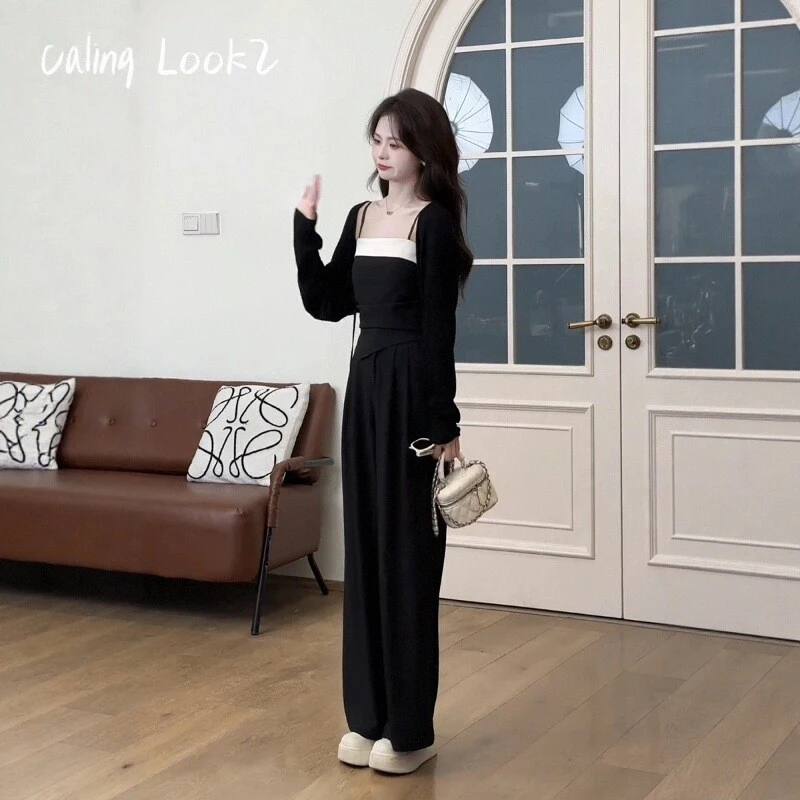 2025夏季女新款设计感小众防晒开衫+吊带上衣搭显瘦阔腿裤三件套