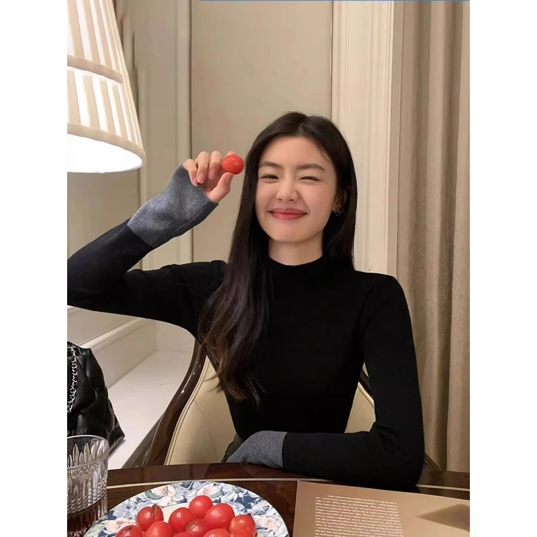 法式半高领针织毛衣女chic绝美撞色打底衫2025春季内搭高级感上衣