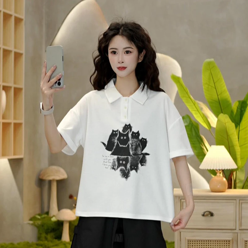 6703 夏季新款小猫印花T恤休闲百搭宽松翻领短袖上衣