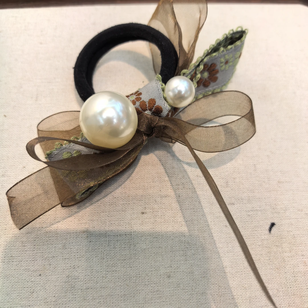 D544咖色纱纱刺绣蝴蝶结大珠发绳