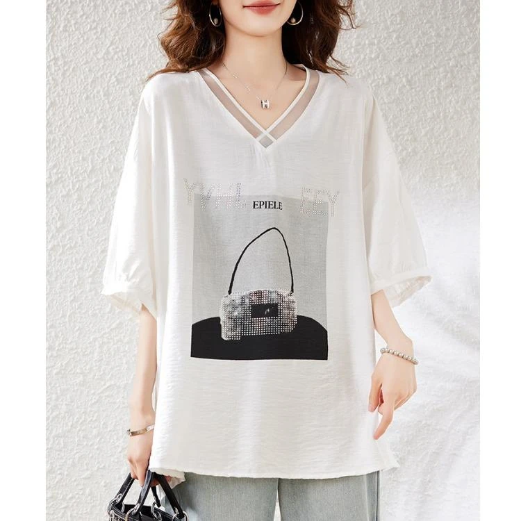 九月陌墨宽松V领印花烫钻短袖T恤女夏季新款欧货大码女装小衫上衣