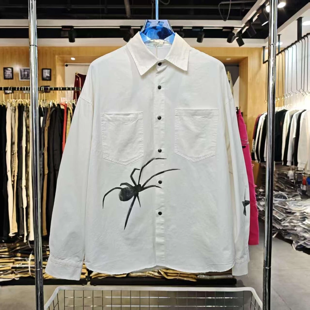 实体~春款潮牌水洗蜘蛛长袖外套通勤百搭情侣同款单排扣衬衫2513