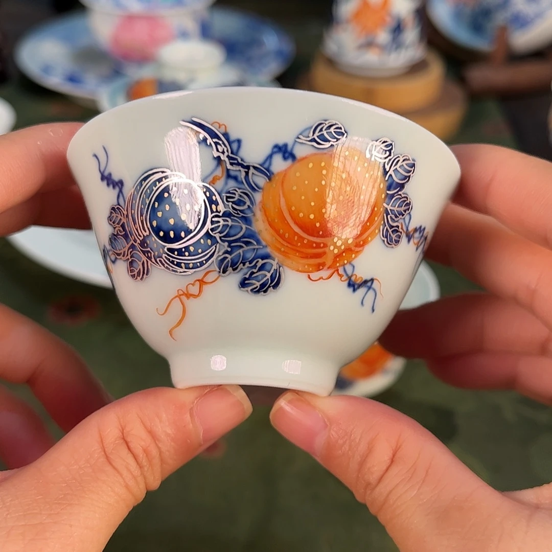 手绘青花加彩南瓜杯