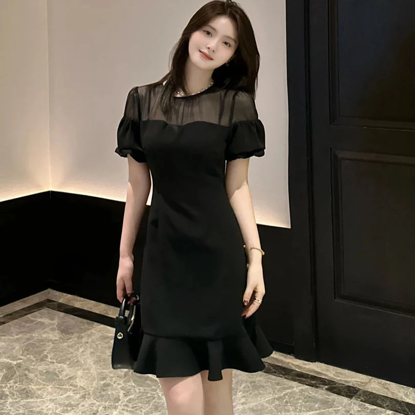 圆领静奢风收腰连衣裙拼接复古夏季小黑裙大码连衣裙显瘦时尚