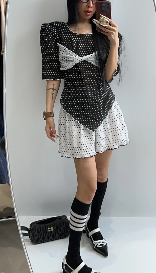 VIVISPLENDID20829#（定制款NO退NO换）波点MIU系蝴蝶结套装