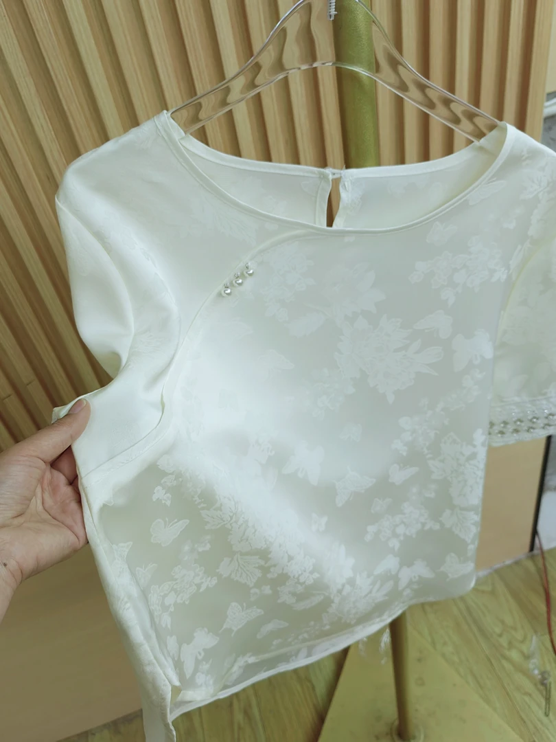 中式短袖防静电圆领3D碎花新中式T恤日常绣花时尚夏季白色中国风