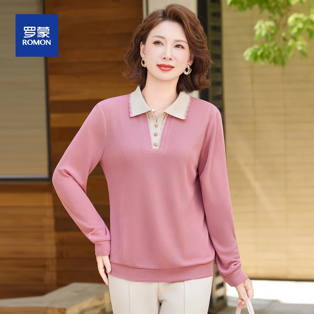 50多岁妈妈秋装2025新款T恤上衣长袖针织打底衫中老年春秋上衣女