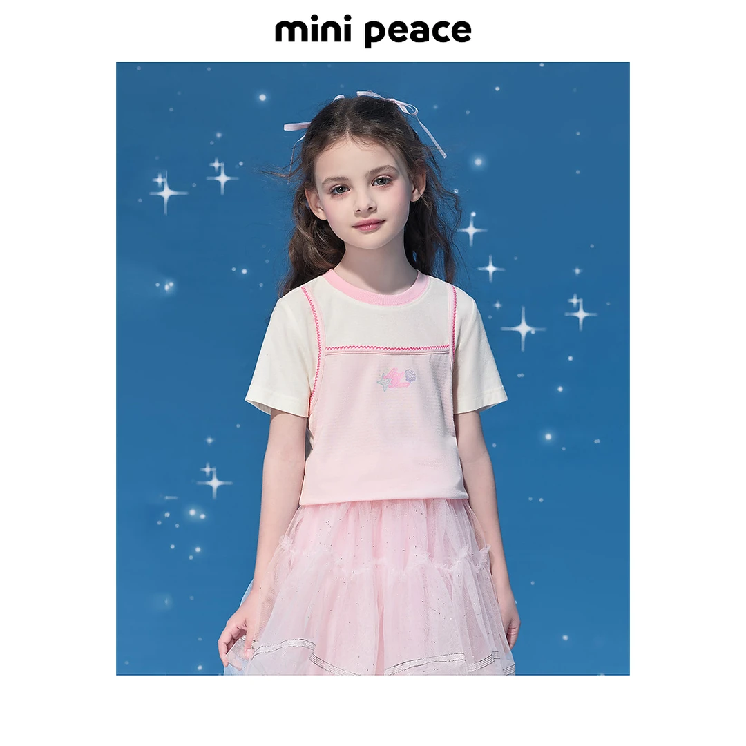 MINIPEACE太平鸟童装女童短袖T恤拼接假两件薄上衣儿童夏装上衣潮