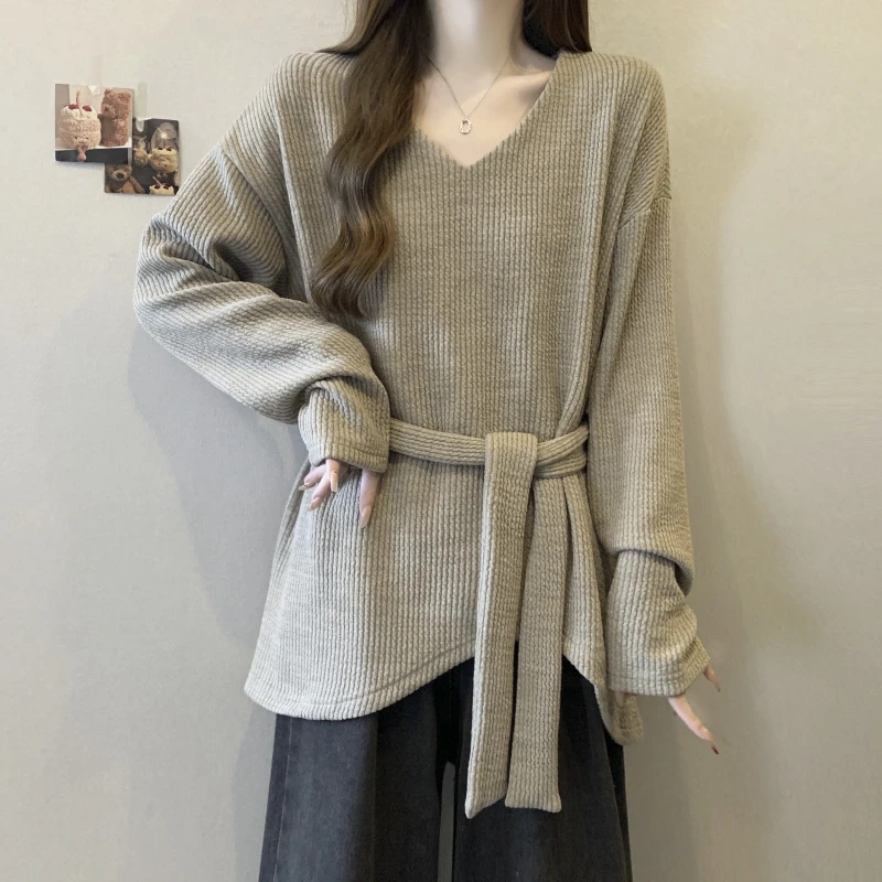 大码遮肚子V领系带上衣女春秋胖mm宽松显瘦洋气百搭长袖T恤打底衫