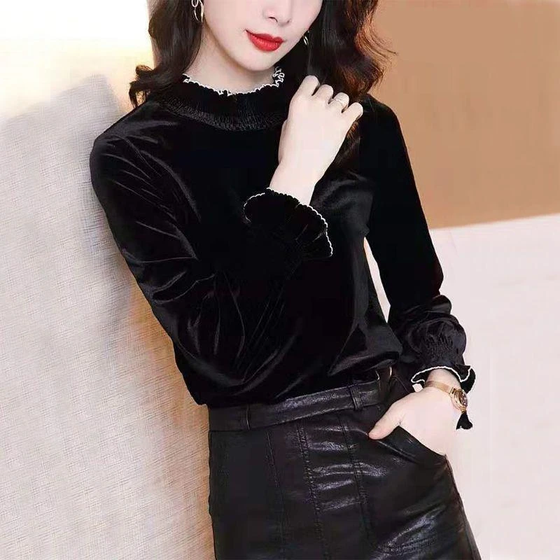 金丝绒打底衫女2025秋冬新款时髦时尚半高领气质木耳边内搭上衣潮