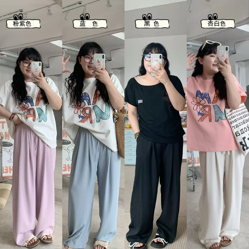 大码微胖MM夏季百搭时尚韩版纯色休闲口袋慵懒垂顺裤  5977