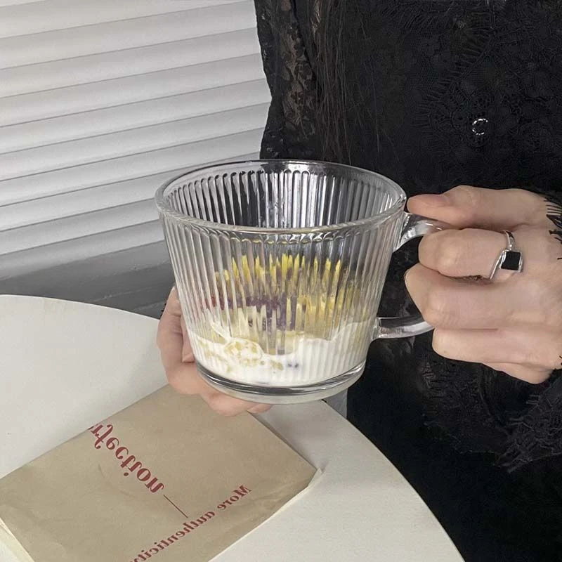 简约条纹带把牛奶杯ins风复古冰咖啡杯早餐燕麦杯大口畅饮果汁杯