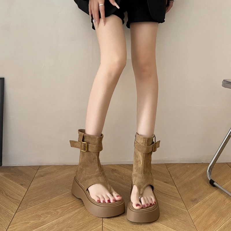 美拉德夹趾靴2025新款厚底增高西部牛仔堆堆靴夹脚凉靴女短靴酷潮