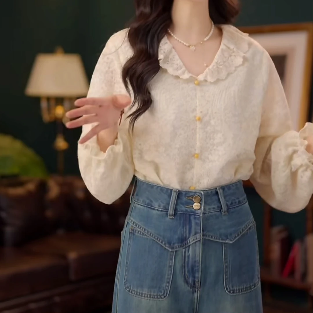 欧若风气质蕾丝长袖衬衫女2025秋季新款时尚休闲宽松设计感上衣