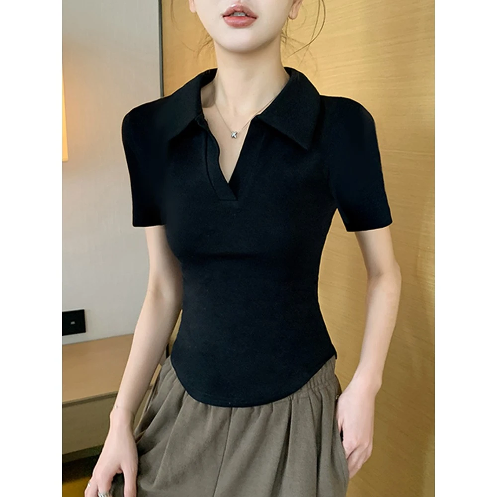 黑色POLO领短袖T恤女夏季薄款设计感小众v领别致上衣正肩半袖体恤