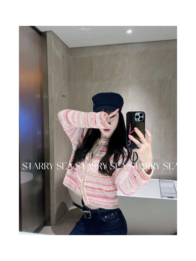 PP【粉漾甜心】小香风气质显白百搭重工条纹针织毛衣外套#PP0145SY