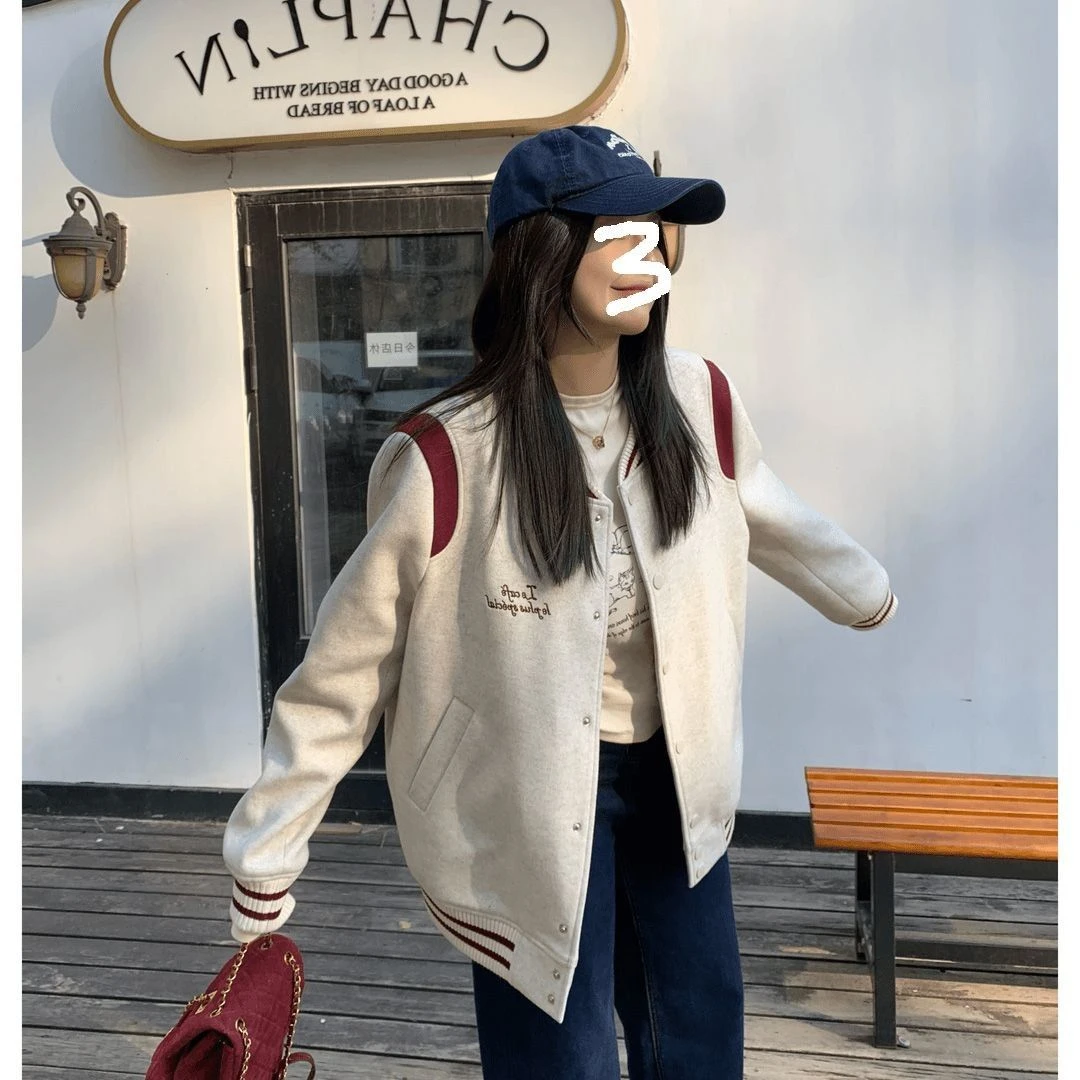 美式复古慵懒宽松棒球服外套女秋冬加绒韩系百搭撞色显瘦夹克上衣